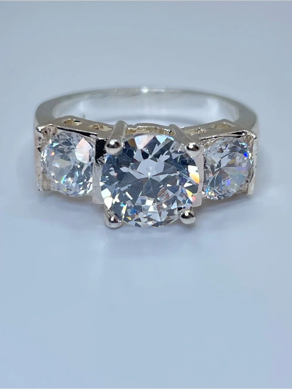 Swarovski Crystal Elements 3 Stone Ring Round Cut Silver Sz 6 Statement Bridal